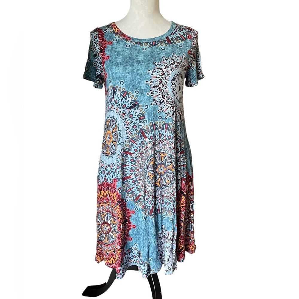 Boho Mandala Print Swing Dress Blue Multicolor Short Sleeve - Size Medium